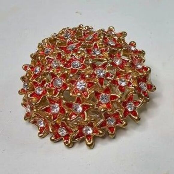 Red Enamel & Clear Glass Gold Tone Clip-On Earrings 1.75"L - Picture 2 of 3